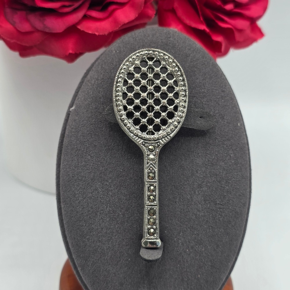 Vintage Style Marcasite Tennis Racket Brooch Silver Tone Sports Pin Retro Club